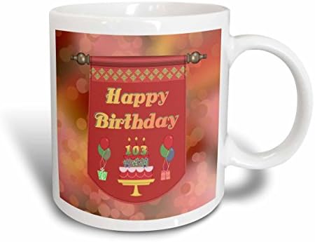 3dRose mutlu 103 Doğum günü afiş kek hediyeler ve balonlar seramik kupa, 11 oz, beyaz
