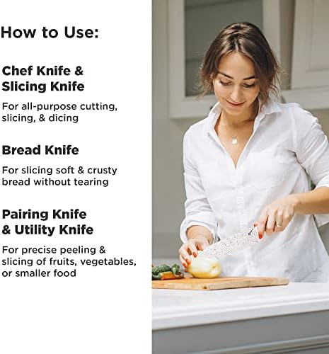 Paslanmaz Çelik Pişirme Bıçak Seti-Beyaz Mutfak Programı, Şef, Ekmek, Dilimleme ve Sebze Seramik Soyucu ile Soyma Bıçağı Seti - Pas