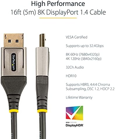 StarTech.com 16ft (5m) VESA Sertifikalı DisplayPort 1.4 Kablosu - 8K 60Hz HDR10 - Ultra HD 4K 120Hz Video-DP 1.4 Kablosu / Kablosu