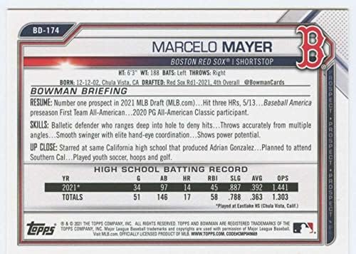 2021 Bowman Taslak BD - 174 Marcelo Mayer RC Çaylak Boston Red Sox MLB Beyzbol Ticaret Kartı