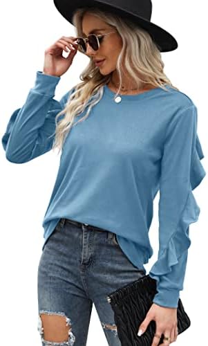 Saloogoe Crewneck Tişörtü Uzun Kollu Casual Tops Fırfır Kollu Sonbahar Kış Giysileri Yumuşak Moda 2022