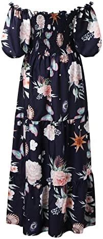 MIASHUI Elbiseler Kadınlar için Yaz kadın Kapalı Omuz Maxi Elbise Çiçek Kısa Kollu Yüksek Bel Bayan Casual Uzun