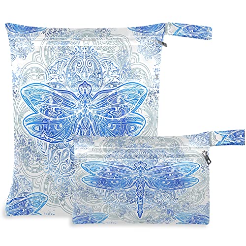 visesunny Mavi Yusufçuk Mandala 2 adet fermuarlı cepli ıslak çanta Yıkanabilir kullanımlık Seyahat için geniş, Plaj, Havuz,Kreş, Bebek