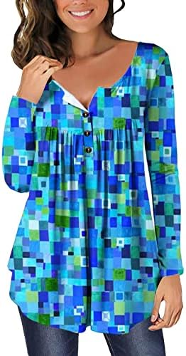 Kadınlar için üstleri Gizlemek Göbek Tunik 2023 Casual Uzun Kollu Açık Düğme Yuvarlak Boyun Gevşek Fit Pilili Rahat Şık Bluzlar