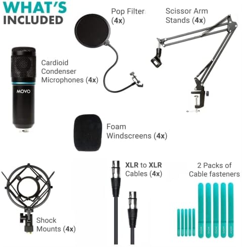 Movo 4-Pack Evrensel XLR Kondenser Mikrofon Podcast Ekipmanı paketi 4 - Kardioid mikrofonlar, Masa Montaj Standları, Şok Montajları,