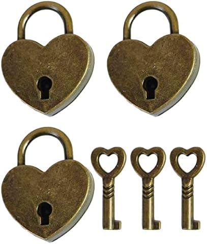OMYZERO 3 Adet Vintage Antik Stil Mini Kalp Archaize Asma Kilitler Anahtar anahtarlı kilit (Bronz)