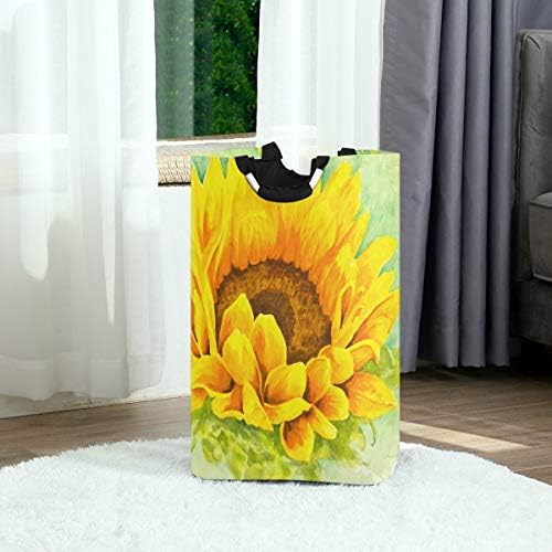 YYZZH Parlak Sarı Ayçiçeği Suluboya Resim Çiçek Çiçek Büyük Çamaşır Torbası Sepet Alışveriş Çantası Katlanabilir Polyester Çamaşır