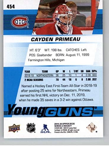 2019-20 Üst Güverte 454 Cayden Primeau Genç Silahlar RC Çaylak Montreal Canadiens NHL Hokey Ticaret Kartı