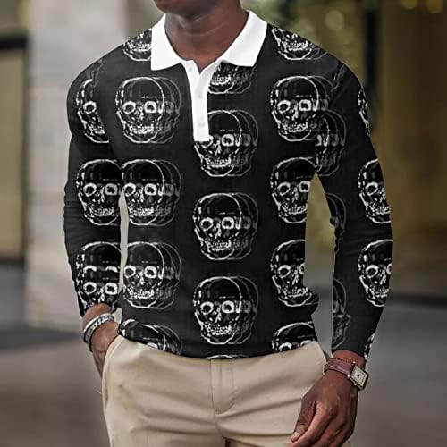 XXBR erkek Cadılar Bayramı polo gömlekler, Komik Grafik Uzun Kollu İskelet Henley Düğme Golf Üstleri parti giysileri Kas Gömlek