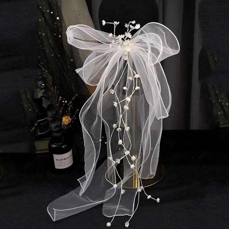 IULJH Gelin düğün elbisesi Headdress Iplik El Yapımı Peçe Güzel Mizaç Yan Klip Yay Saç Tokası Beyaz Örgü Peçe Klipleri