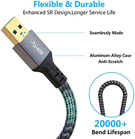Hisatey USB 3.0 Uzatma Kablosu 1FT, Kısa USB Uzatma Kablosu Erkek-Dişi Dayanıklı Örgülü Malzeme Yüksek Veri Aktarımı USB Klavye,Fare,Flash