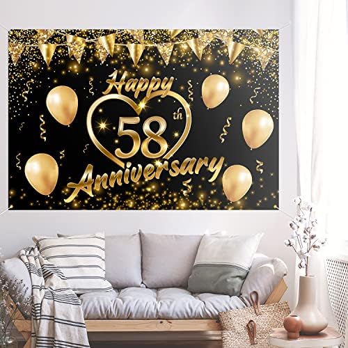 Mutlu 58th Yıldönümü Backdrop Banner Dekor Siyah Altın-Glitter Aşk Kalp Mutlu 58 Yıl Düğün Yıldönümü Parti Tema Süslemeleri için Kadın