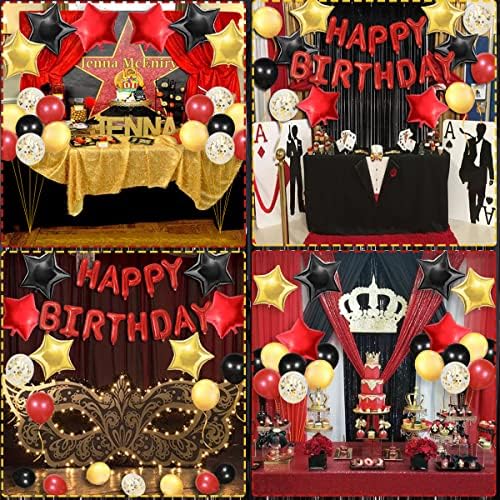 Kırmızı Siyah ve Altın Doğum Günü Süslemeleri, Mutlu Yıllar Folyo Afiş ve Kek Topper, Siyah Perde Zemin Bebek Duş Doğum Günü Bekarlığa